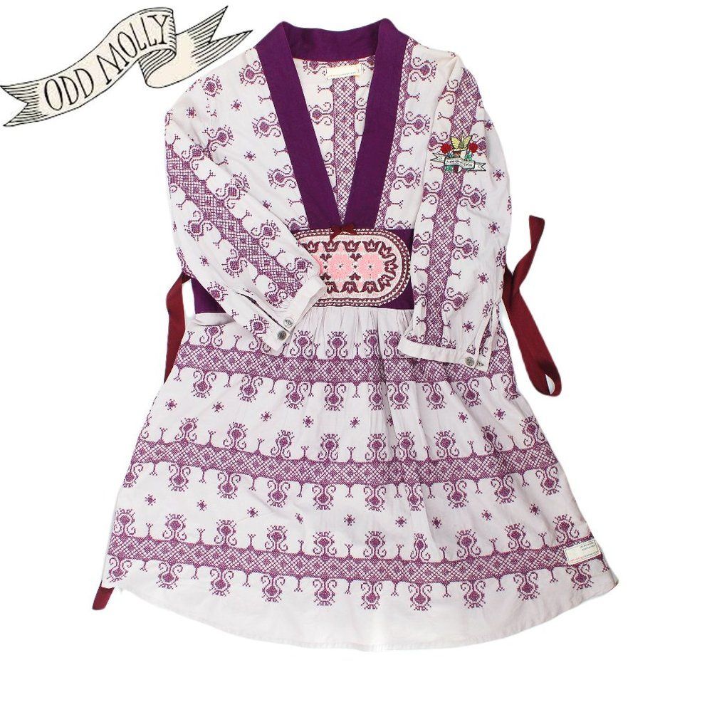 Odd Molly Cotton Four Continents Tunic Dress Plum Embroidered Knee Length Sz 1/S - Picture 3 of 15